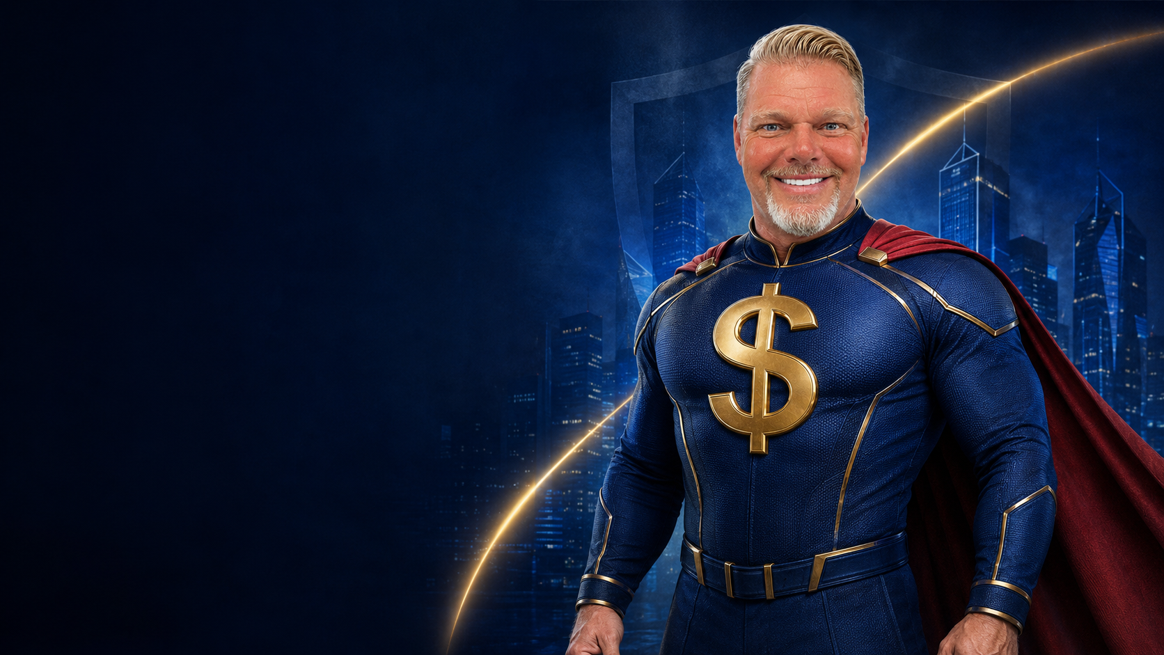 Founder Steve portrayed as Credit Repair Hero in a navy suit with a gold dollar-sign emblem